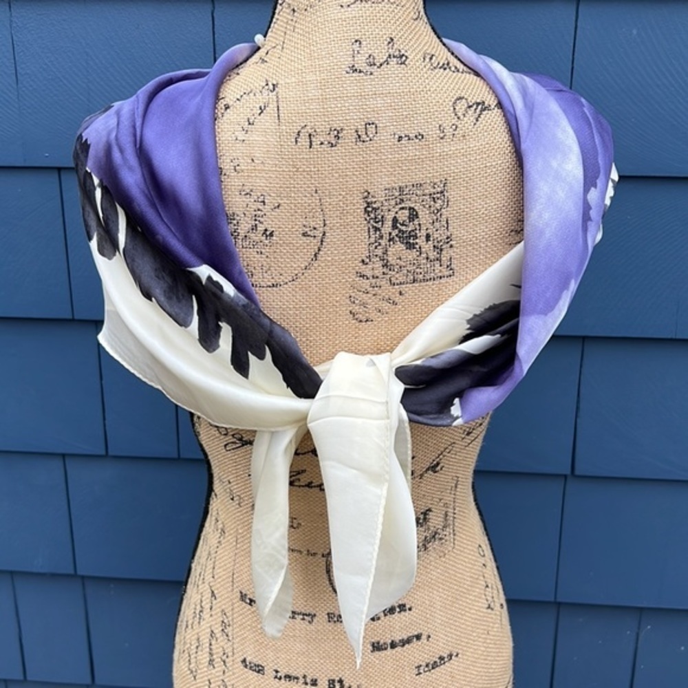 💜🤍🖤Halston silk scarf black purple art 34x34 kerchief - Picture 5 of 11